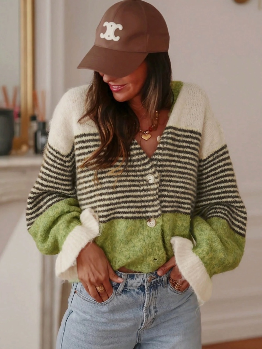 Green Stripes Knit Cardigan Button Down